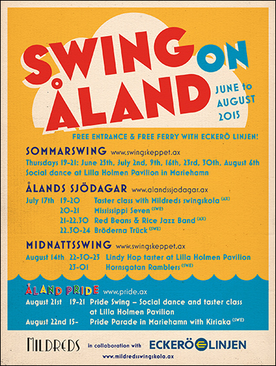 Mildreds swingskola håller gratis prova på kurs i swingdans fredag 17 juli kl 19 i sjökvarteret i Mariehamn under Ålands sjödagar. Sofia Enros och Daniel Johansson